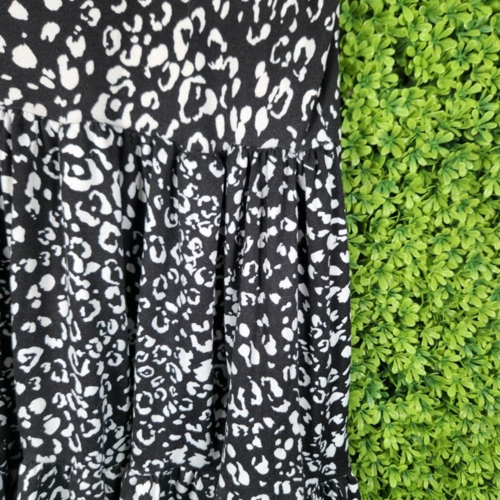 Jessica Simpson Black White Leopard Print Tiered Babydoll Mini Dress Medium - Picture 7 of 8